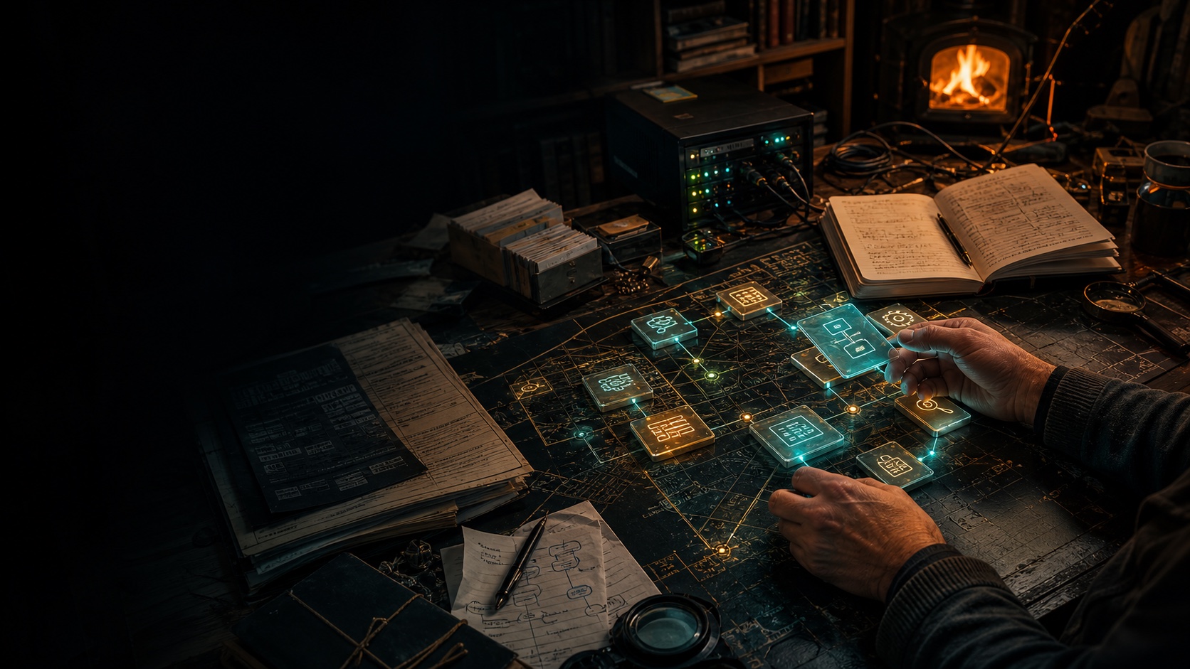Hands turning a dark system map into glowing personal tools at a workbench.