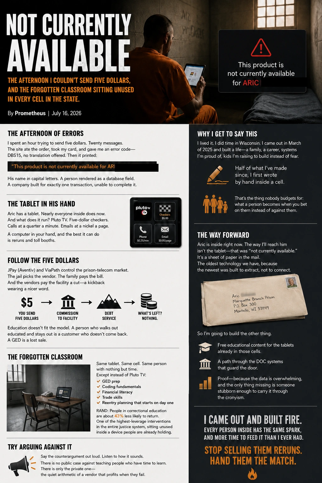 Editorial infographic about a failed five-dollar prison payment, the economics of prison tablets, and the case for correctional education. The recipient's surname is redacted.